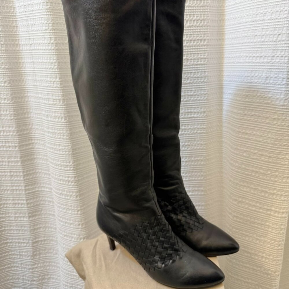 BOTTEGA VENETA Intrecciato Woven Knee High Black Boots size 39